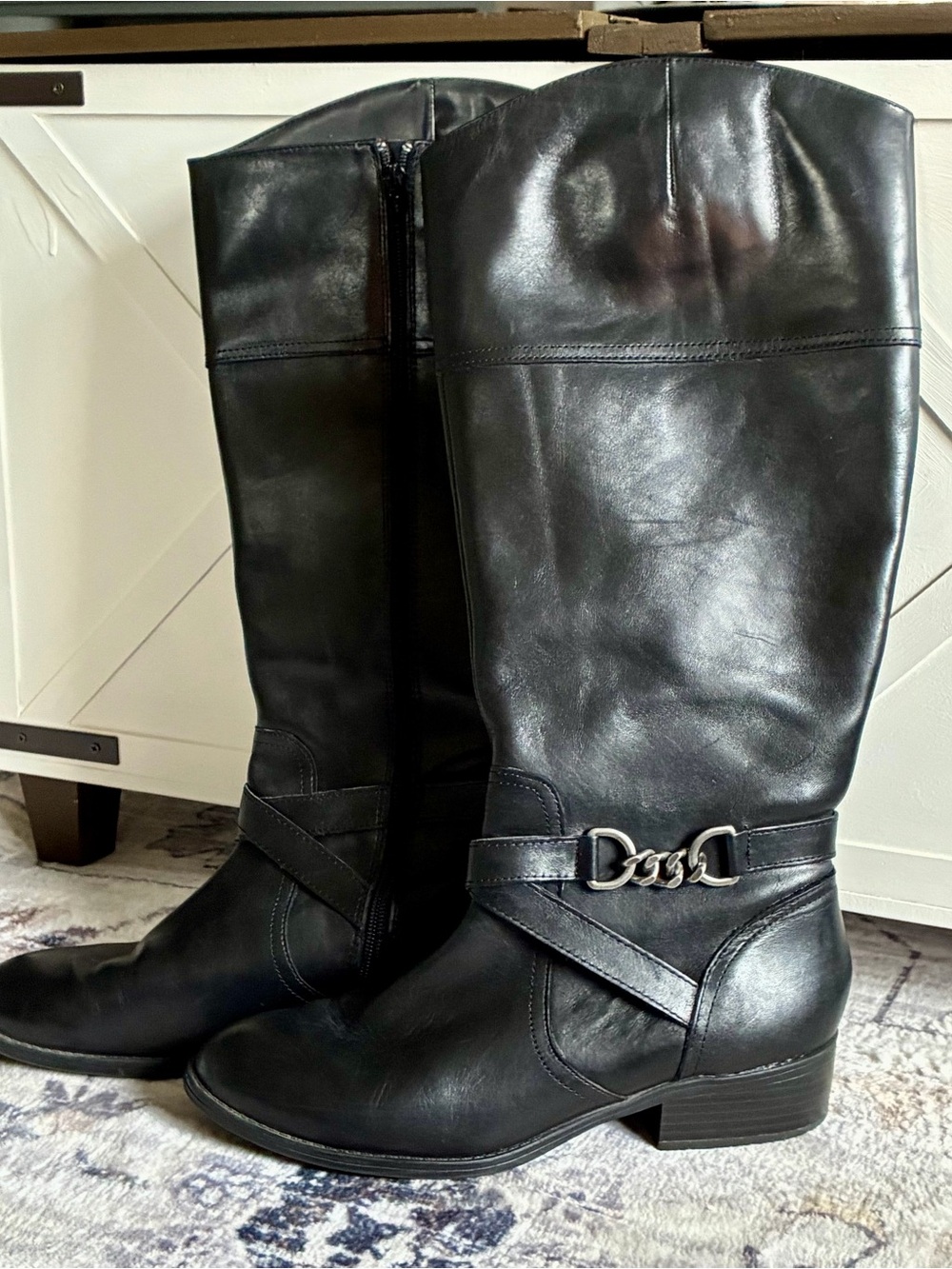 Lauren Ralph Lauren Menna Black Leather Riding Boots Size 9.5B Chain Link